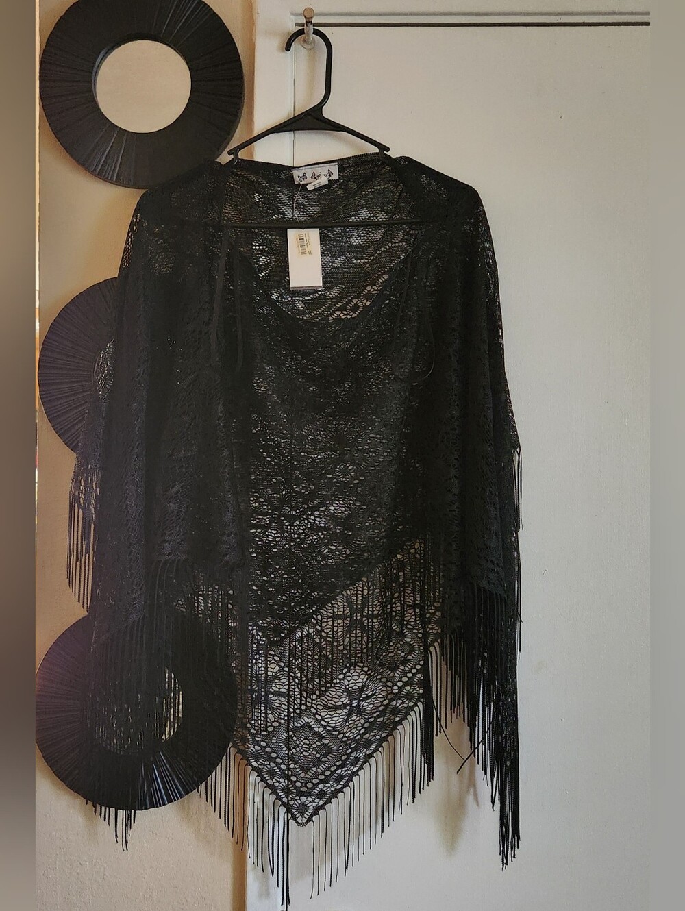 NWT Black Crochet Lace Fringe Poncho Wrap Asymmetrical